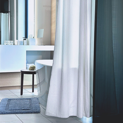 Stevens & Olivier Grey Plush Tufted Bath Mat tub and European Waffle 100% Cotton Shower Curtain