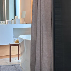 Luxury Heather Gray Shower curtain in spa bathroom