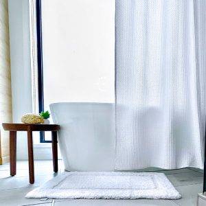 Luxury spa quality waffle shower curtain and plush bath mat